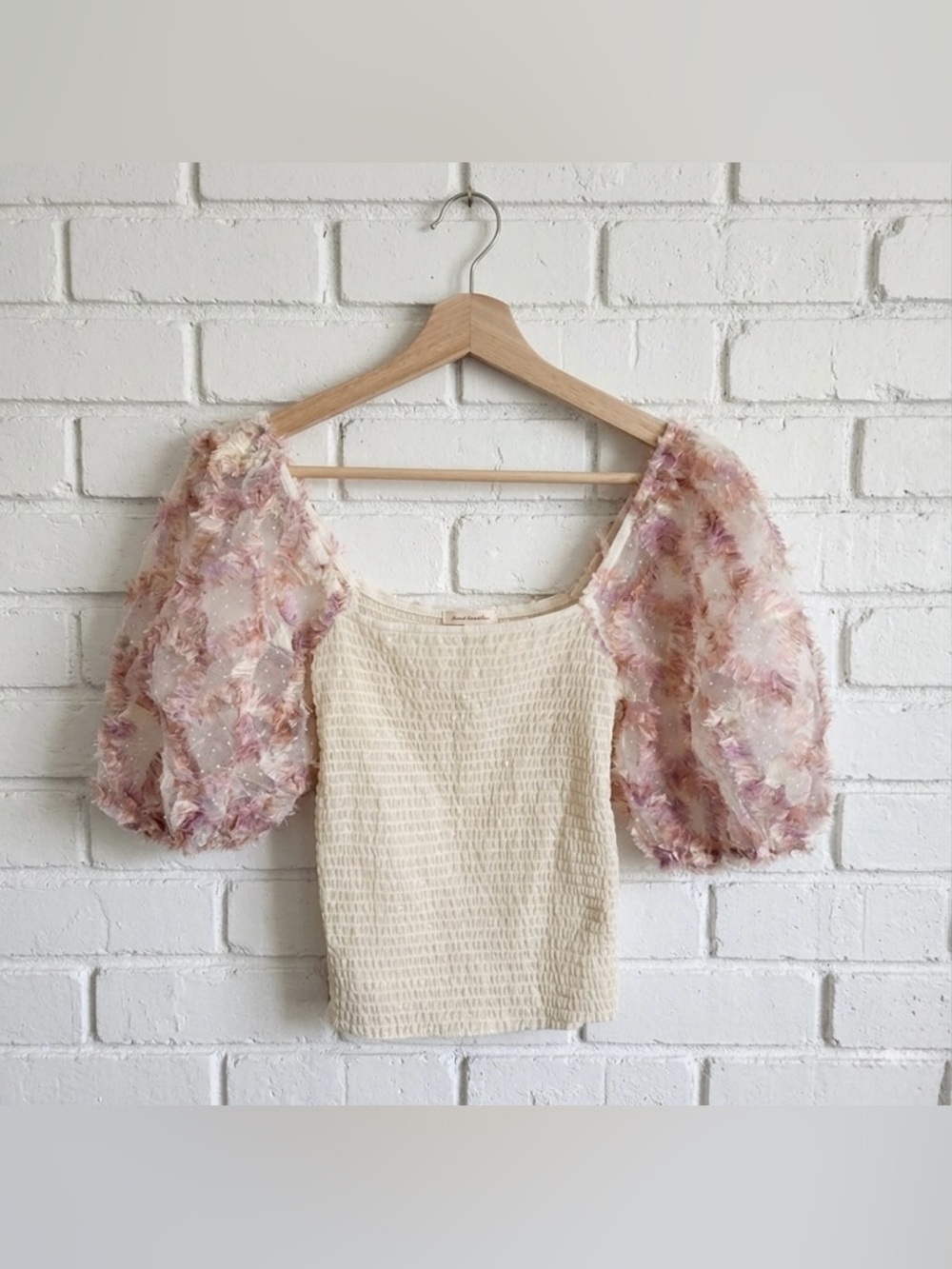 Free People Intimately Sheer Tulle Puff-Sleeve Smocked  Top in Ivory&Blush